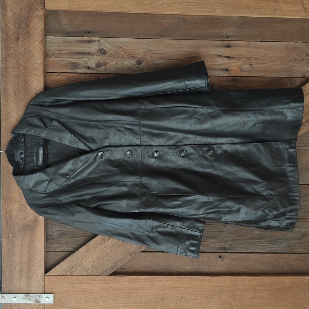 Where blu Black Leather Long Jacket Trench Coat XL Satin Lined